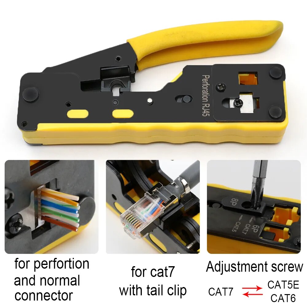 All-in-one RJ45 pliers networking crimper designed for CAT5, CAT6, CAT7, and CAT8 cables, showcasing its durable high-carbon steel construction.