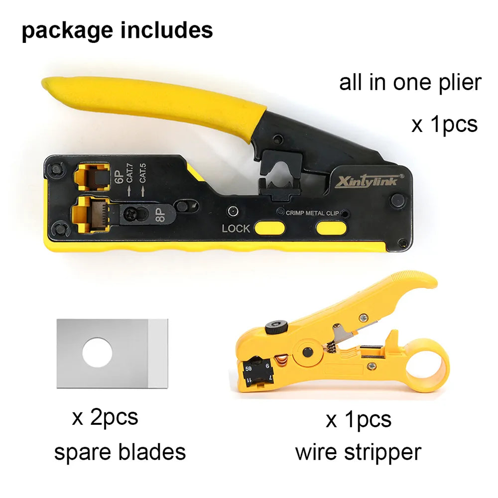 All-in-one RJ45 pliers networking crimper designed for CAT5, CAT6, CAT7, and CAT8 cables, showcasing its durable high-carbon steel construction.