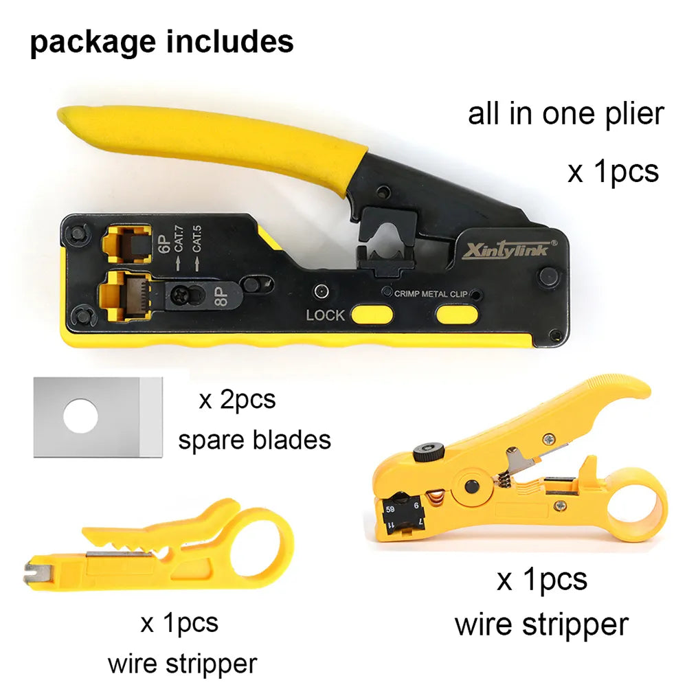 All-in-one RJ45 pliers networking crimper designed for CAT5, CAT6, CAT7, and CAT8 cables, showcasing its durable high-carbon steel construction.