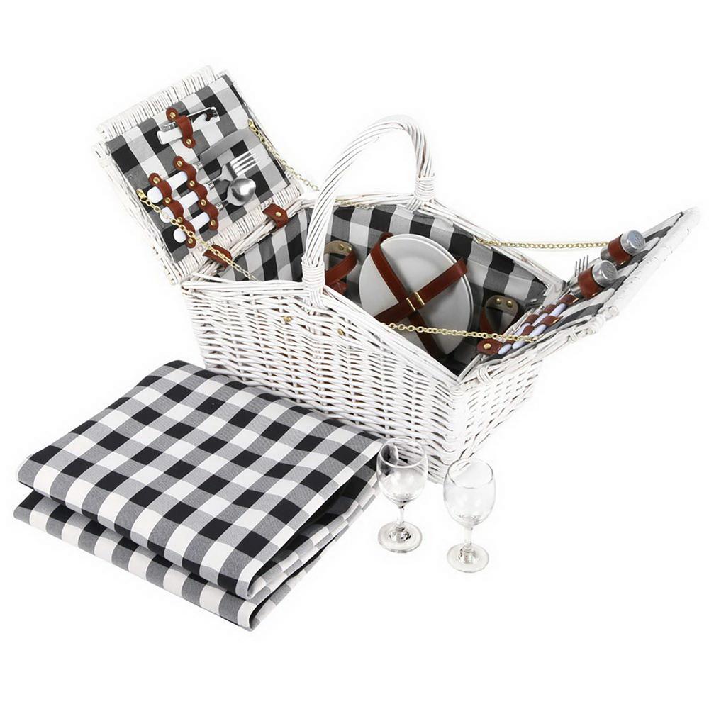 Alfresco 2 Person Picnic Basket with accessories including cutlery, plates, and a matching blanket, perfect for outdoor dining.