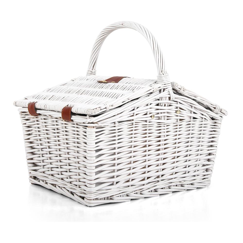 Alfresco 2 Person Picnic Basket with accessories including cutlery, plates, and a matching blanket, perfect for outdoor dining.