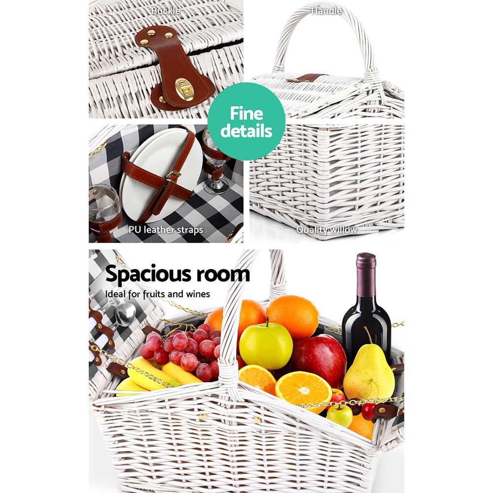 Alfresco 2 Person Picnic Basket with accessories including cutlery, plates, and a matching blanket, perfect for outdoor dining.