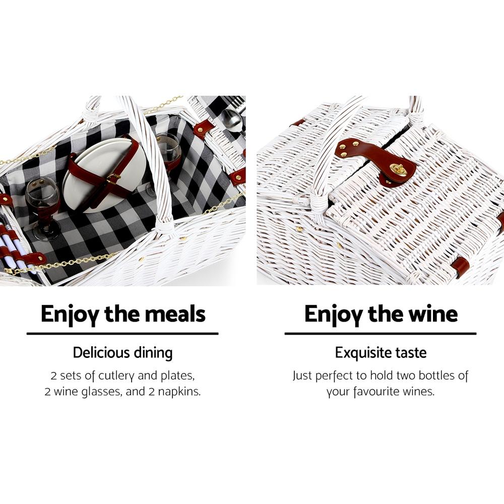 Alfresco 2 Person Picnic Basket with accessories including cutlery, plates, and a matching blanket, perfect for outdoor dining.