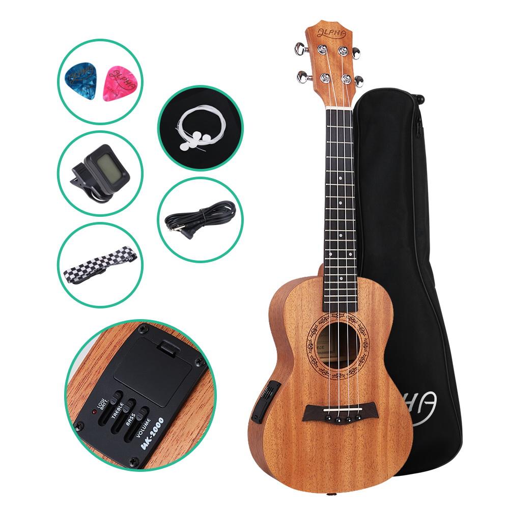 Alpha 23 Inch Concert Ukulele in matte natural finish with accessories including a carry bag, tuner, and electric cable.