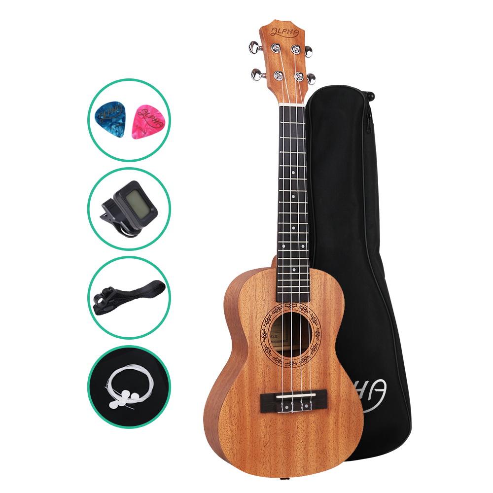ALPHA 23 Inch Concert Ukulele made of mahogany with a matte natural finish, featuring a rosewood fretboard and decorative soundhole rosette.