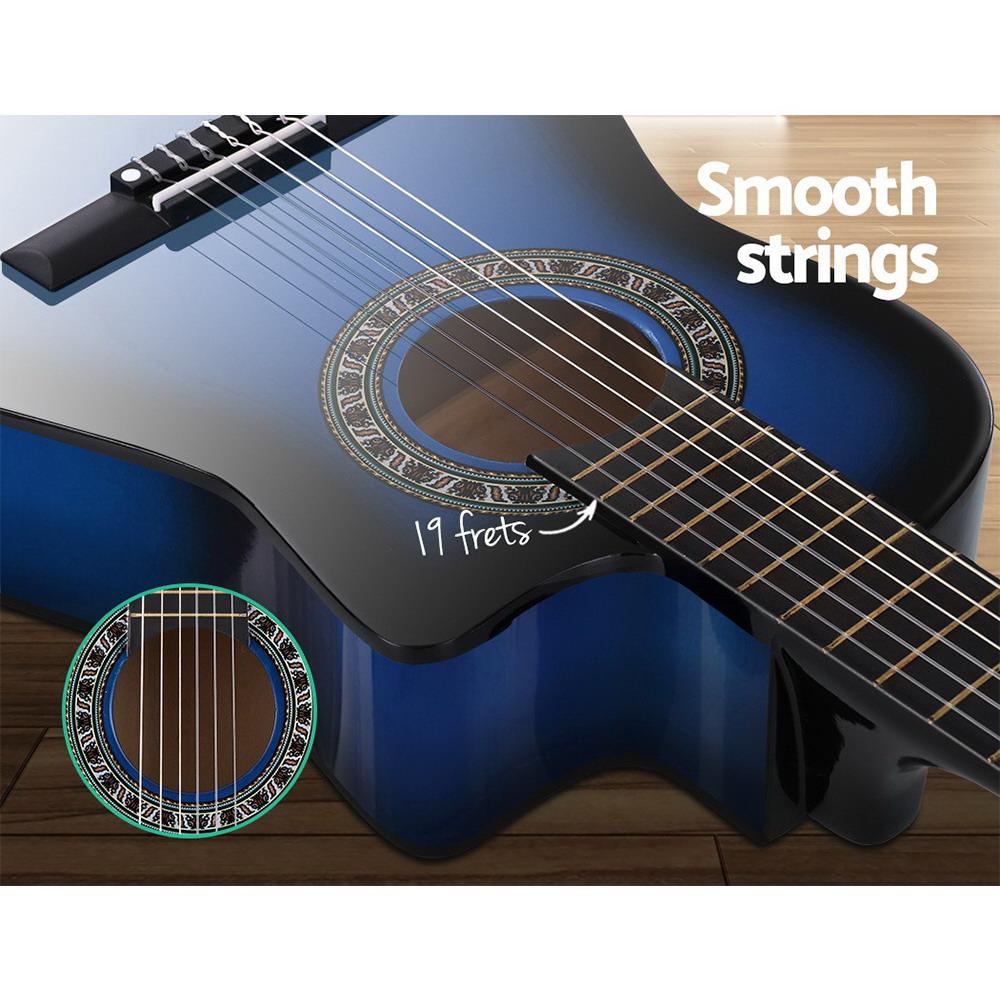 Alpha 34-inch Classical Acoustic Guitar in blue with a sleek finish, ideal for kids and beginners, displayed with accessories.