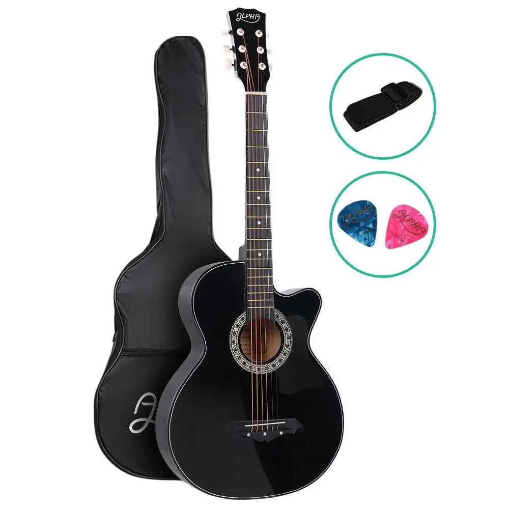 ALPHA 38 Inch Wooden Acoustic Guitar in Black with a sleek design and cutaway body, showcasing its laminated linden construction and maple wood fingerboard.