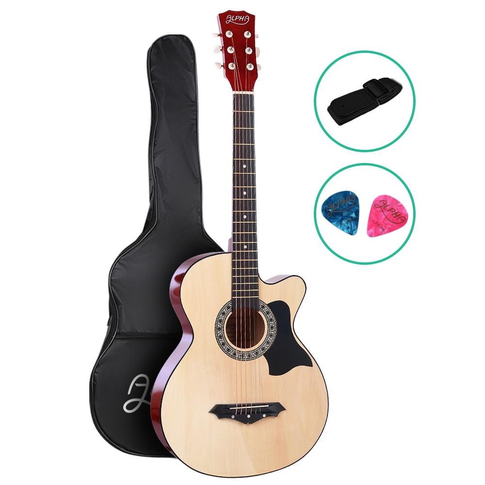 ALPHA 38 Inch Wooden Acoustic Guitar showcasing its natural wood finish and cutaway design, perfect for musicians.