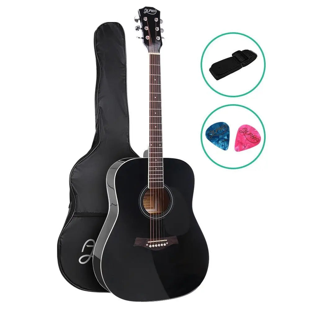 ALPHA 41 Inch Wooden Acoustic Guitar in Black with a sleek design and laminated linden body, showcasing its elegant cutaway shape.