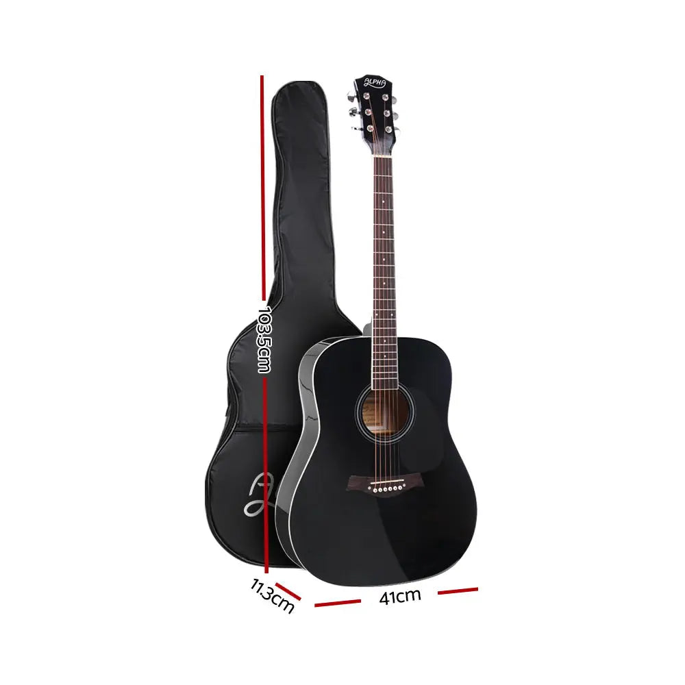 ALPHA 41 Inch Wooden Acoustic Guitar in Black with a sleek design and laminated linden body, showcasing its elegant cutaway shape.