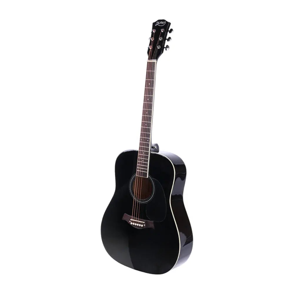 ALPHA 41 Inch Wooden Acoustic Guitar in Black with a sleek design and laminated linden body, showcasing its elegant cutaway shape.