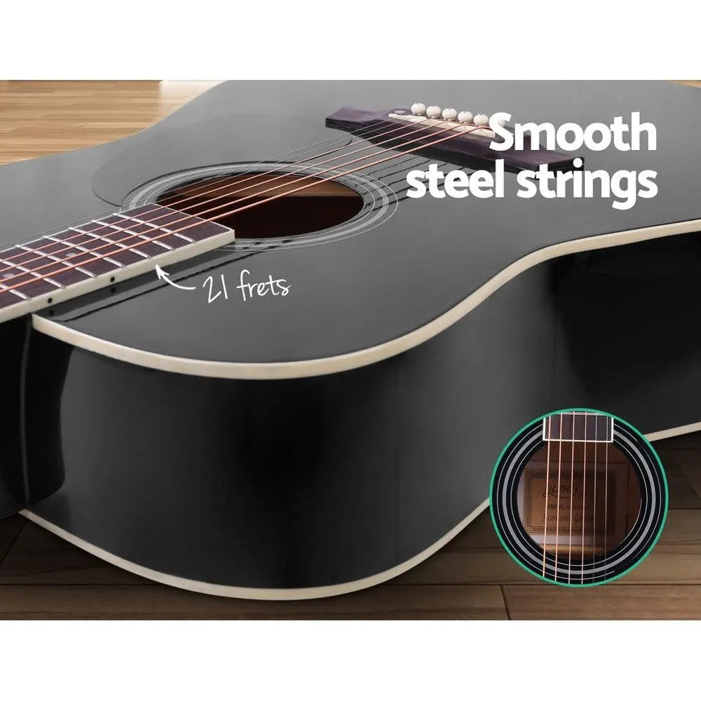 ALPHA 41 Inch Wooden Acoustic Guitar in Black with a sleek design and laminated linden body, showcasing its elegant cutaway shape.