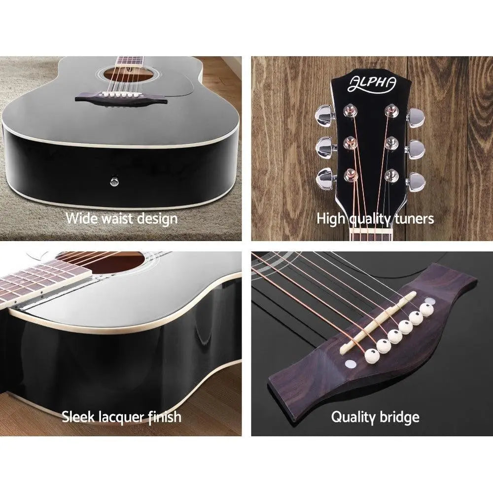 ALPHA 41 Inch Wooden Acoustic Guitar in Black with a sleek design and laminated linden body, showcasing its elegant cutaway shape.