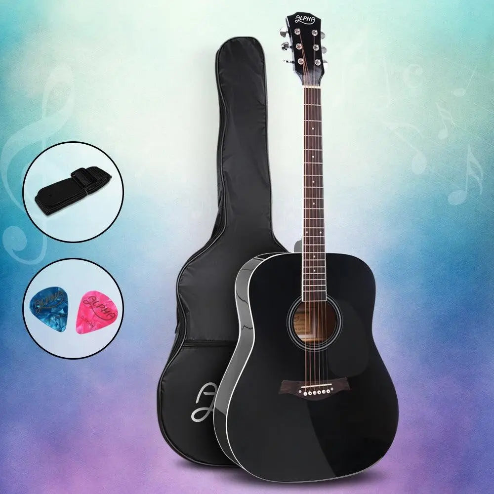 ALPHA 41 Inch Wooden Acoustic Guitar in Black with a sleek design and laminated linden body, showcasing its elegant cutaway shape.