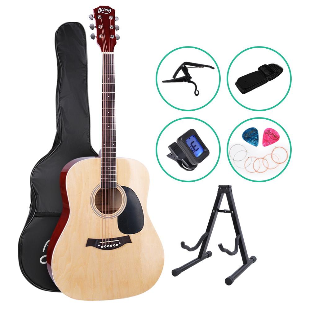 ALPHA 41 Inch Wooden Acoustic Guitar with natural wood finish and accessories including a tuner, capo, and guitar stand.