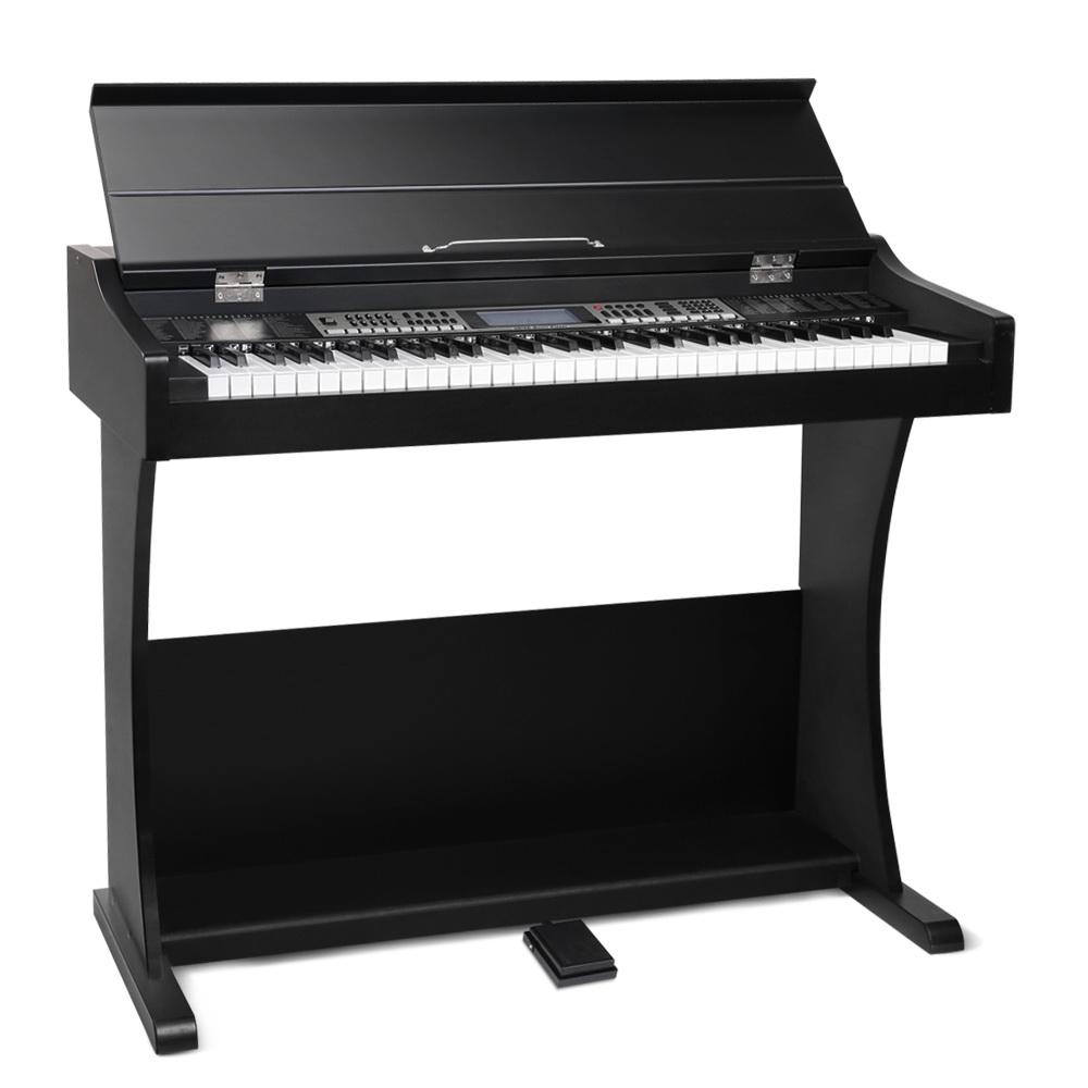 Alpha 61 Key Electronic Piano Keyboard with touch-sensitive keys and stylish design, featuring a keyboard holder and music stand.