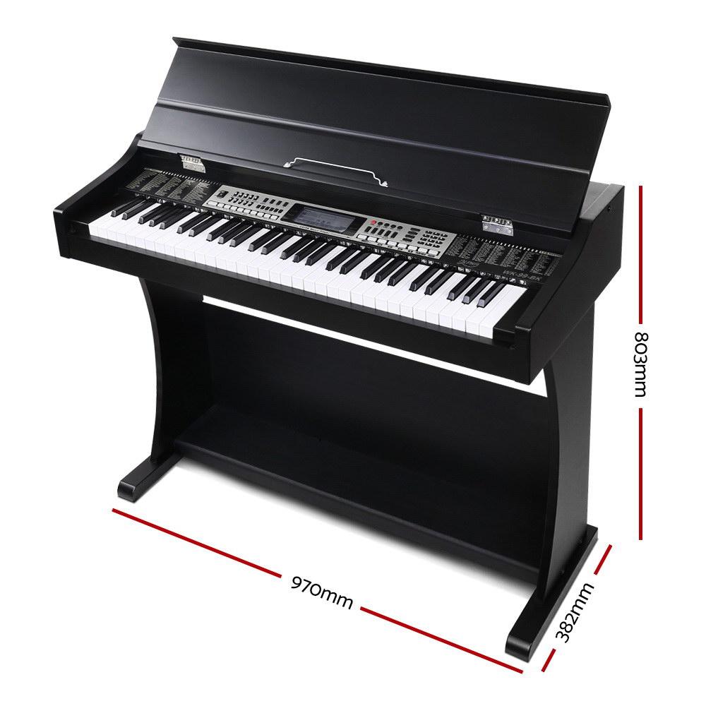 Alpha 61 Key Electronic Piano Keyboard with touch-sensitive keys and stylish design, featuring a keyboard holder and music stand.