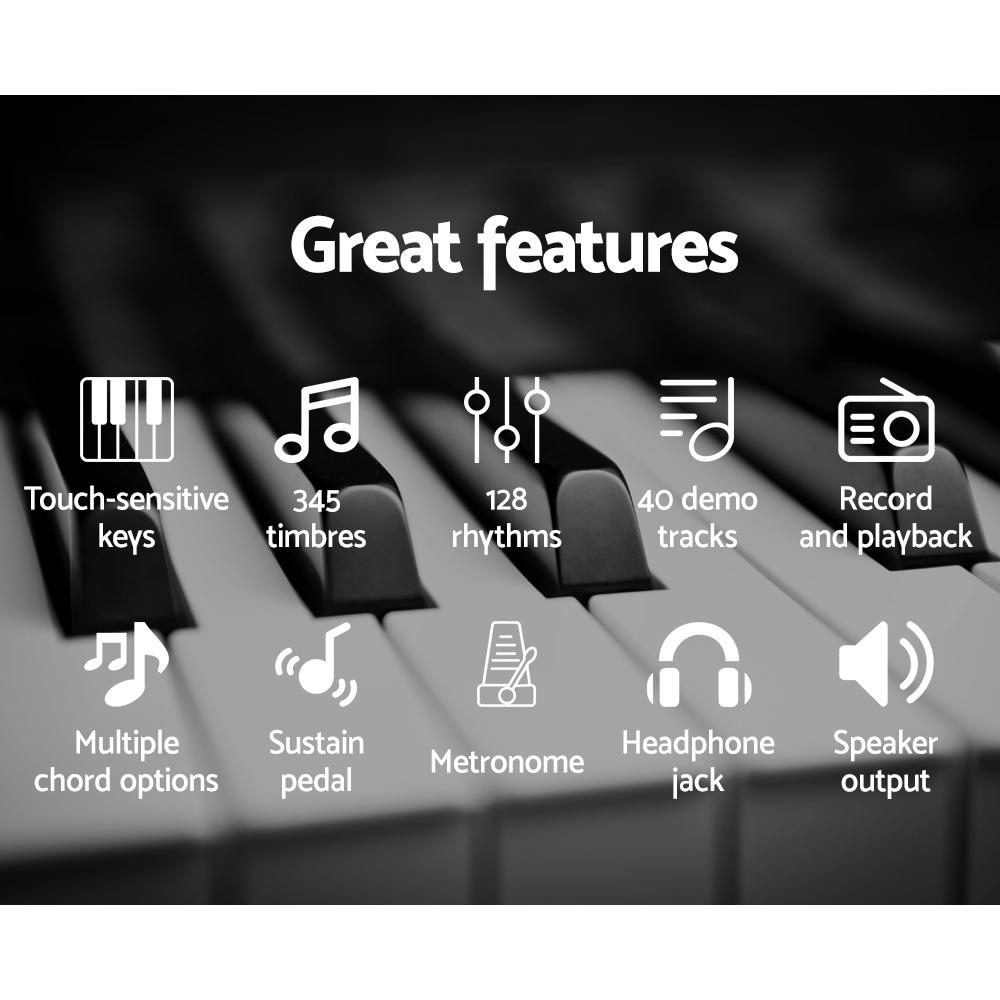 Alpha 61 Key Electronic Piano Keyboard with touch-sensitive keys and stylish design, featuring a keyboard holder and music stand.