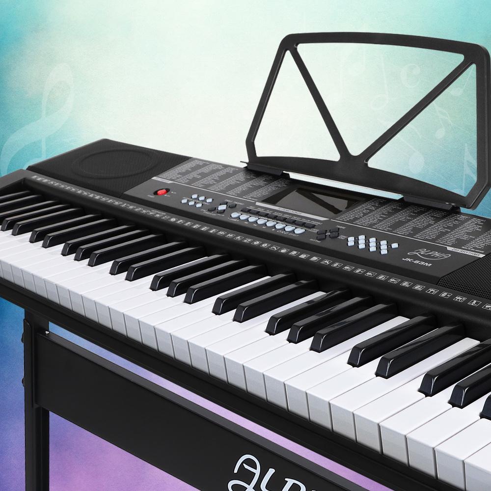 Alpha 61 Keys Electronic Piano Keyboard with LED display, adjustable stand, and music sheet holder, showcasing its sleek design and features.