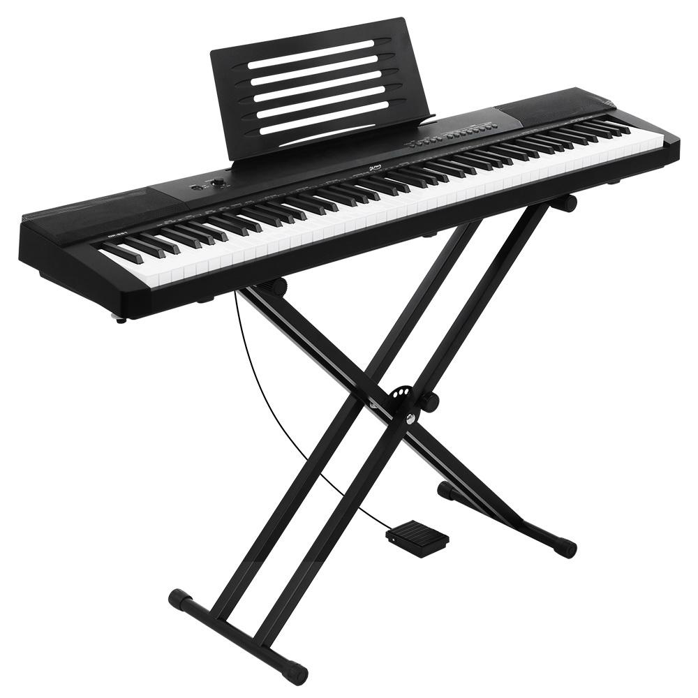 Alpha 88 Keys Electronic Piano Keyboard with adjustable stand and music sheet holder, showcasing touch-sensitive keys and various controls.