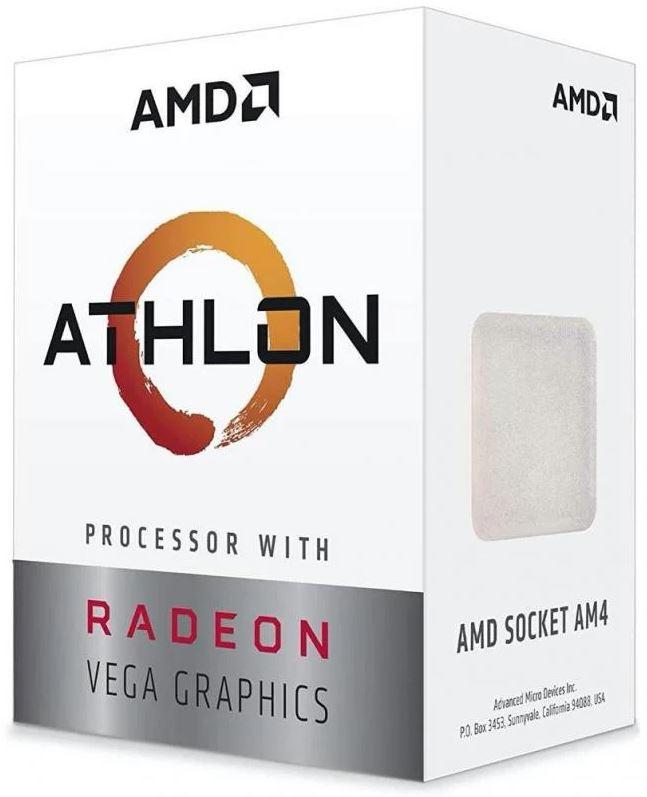 AMD Athlon 3000G processor with dual-core and Radeon Vega 3 graphics, showcasing its compact design and Socket AM4 compatibility.