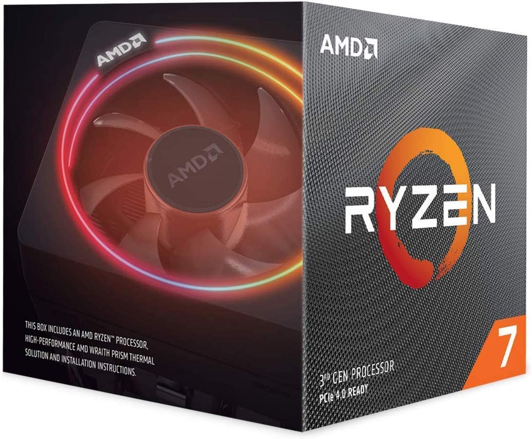 AMD-P Ryzen 7 3700X CPU with Wraith Prism cooler, showcasing 8 cores and RGB lighting.