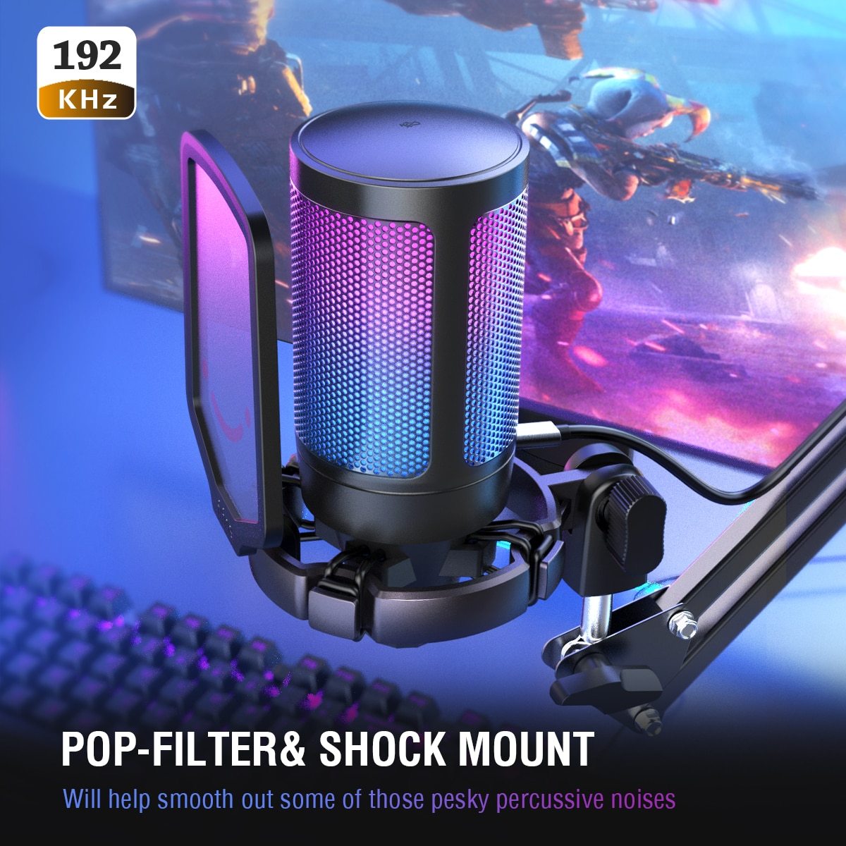 Ampligame USB Microphone with pop filter and shock mount, designed for gaming and streaming, featuring a sleek tabletop design.