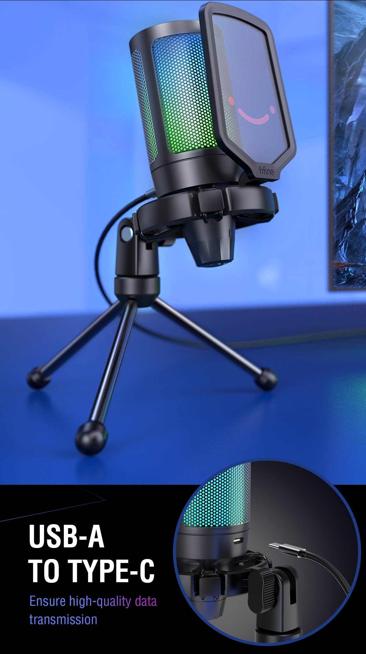 Ampligame USB Microphone with pop filter and shock mount, designed for gaming and streaming, featuring a sleek tabletop design.