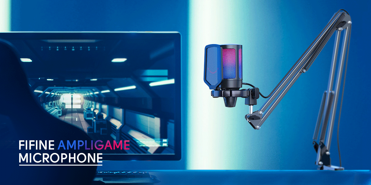 Ampligame USB Microphone with pop filter and shock mount, designed for gaming and streaming, featuring a sleek tabletop design.