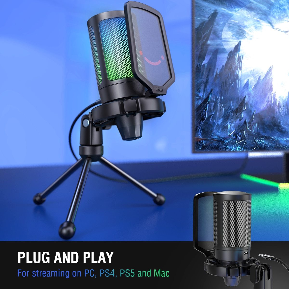 Ampligame USB Microphone with pop filter and shock mount, designed for gaming and streaming, featuring a sleek tabletop design.