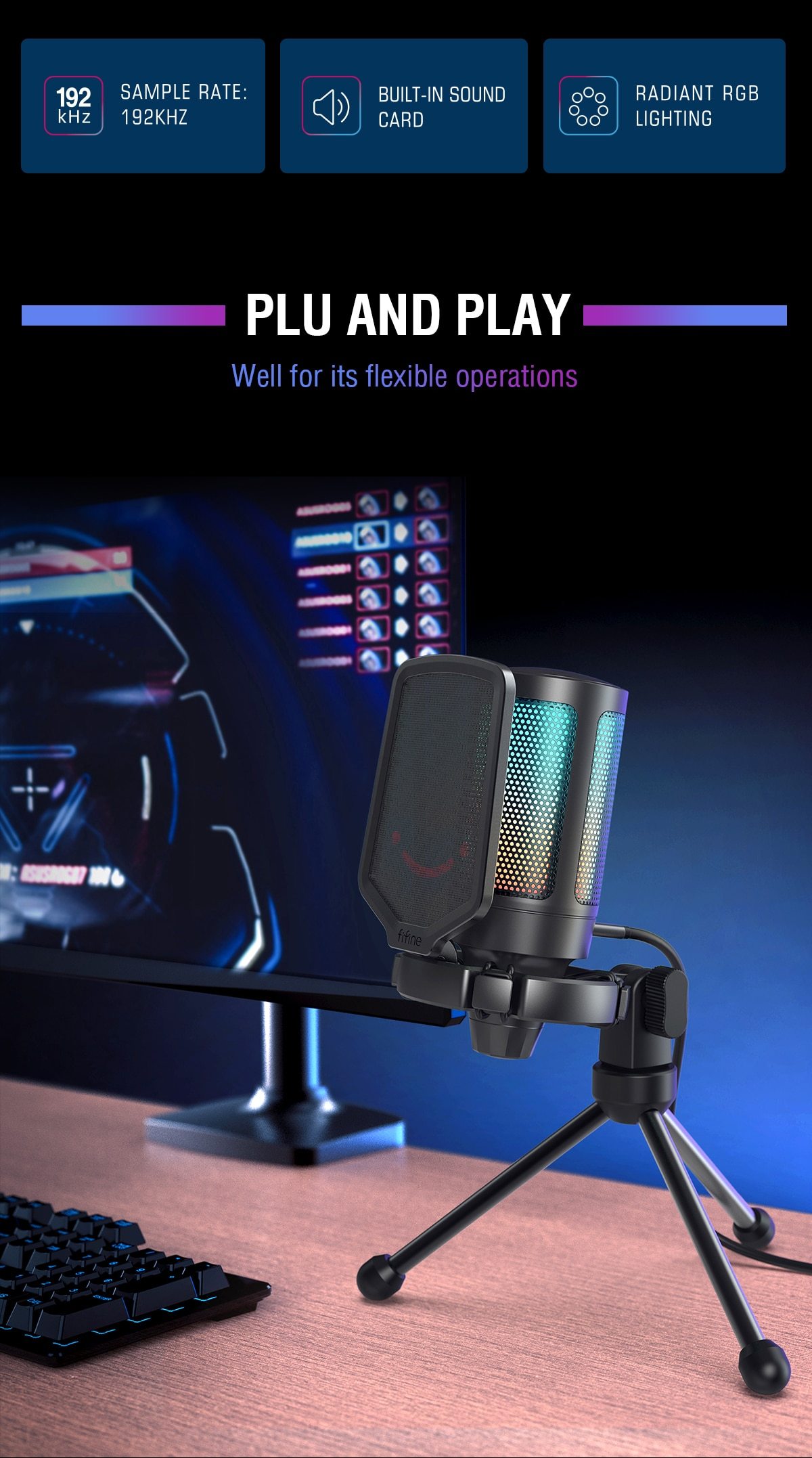 Ampligame USB Microphone with pop filter and shock mount, designed for gaming and streaming, featuring a sleek tabletop design.