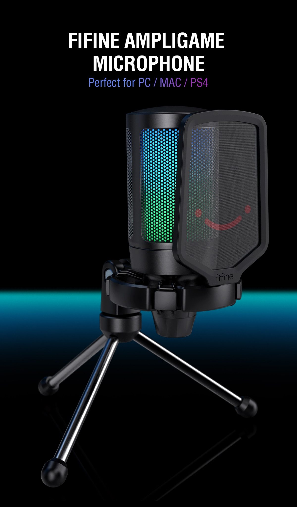 Ampligame USB Microphone with pop filter and shock mount, designed for gaming and streaming, featuring a sleek tabletop design.