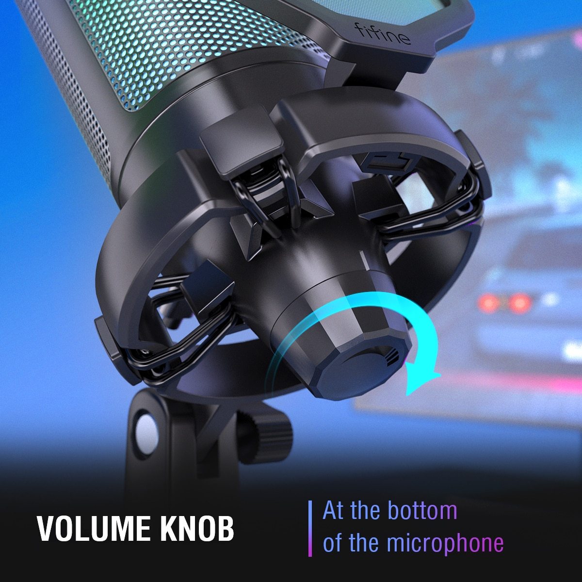 Ampligame USB Microphone with pop filter and shock mount, designed for gaming and streaming, featuring a sleek tabletop design.