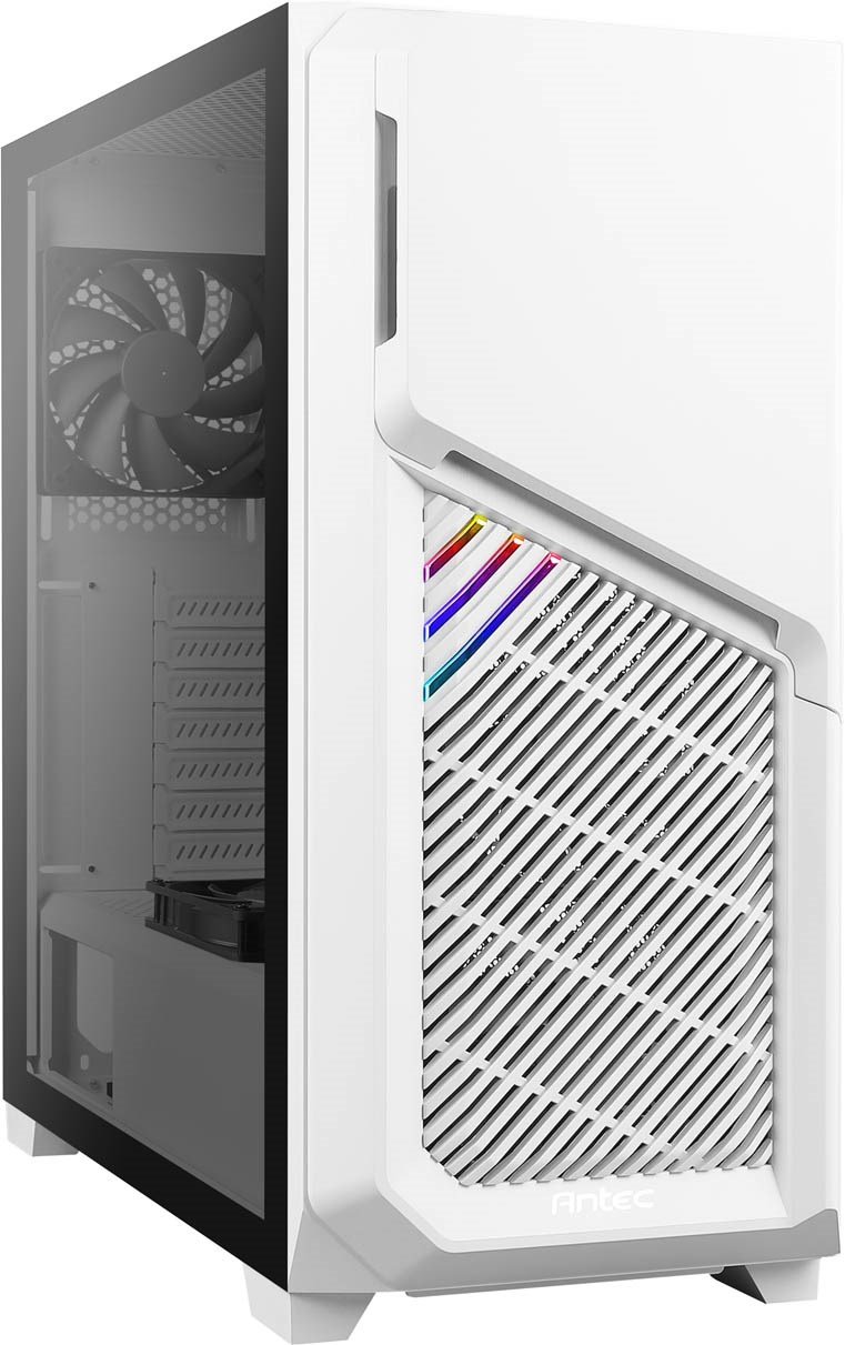 ANTEC DP502 FLUX White mid-tower gaming case with tempered glass side panel and three RGB fans, showcasing advanced airflow design.