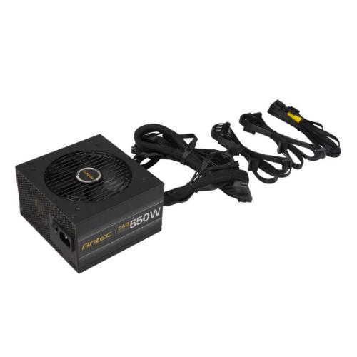 ANTEC EA550G PRO 550W PSU with semi-modular cables and 120mm fan, showcasing its sleek design and efficient cooling features.