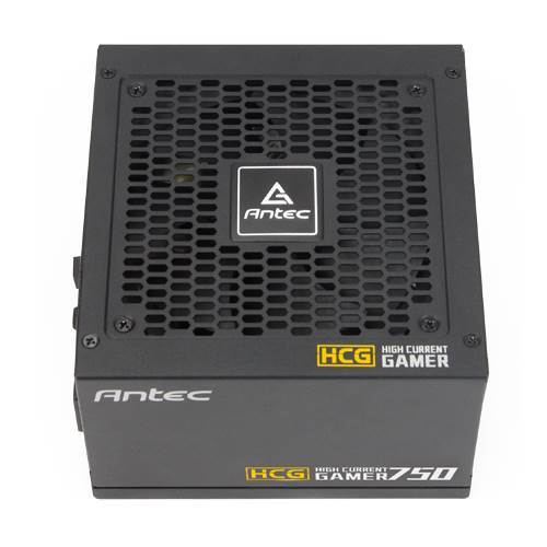 ANTEC HCG-750G 750W 80+ Gold Fully Modular PSU with a 120mm fan, showcasing its sleek design and modular cable management.