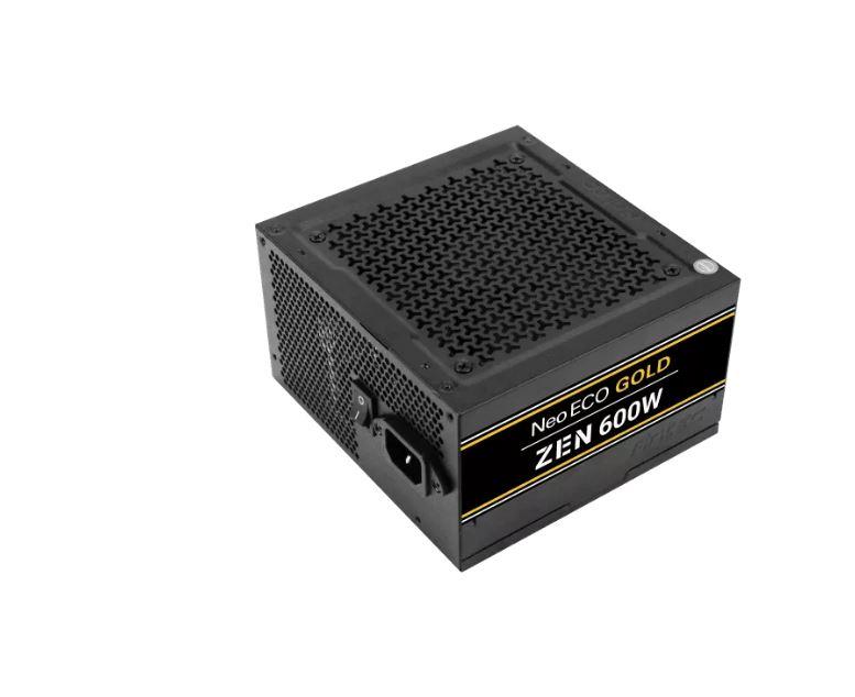 ANTEC Neo Eco ZEN 600w PSU with 120mm silent fan and 80+ Gold certification, showcasing its sleek design and high-quality components.