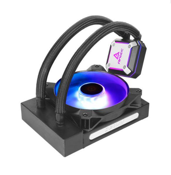 ANTEC Neptune 120 ARGB Advanced Liquid CPU Cooler with PWM LED fan and PTFE-coated tubing, showcasing its sleek design and RGB lighting.