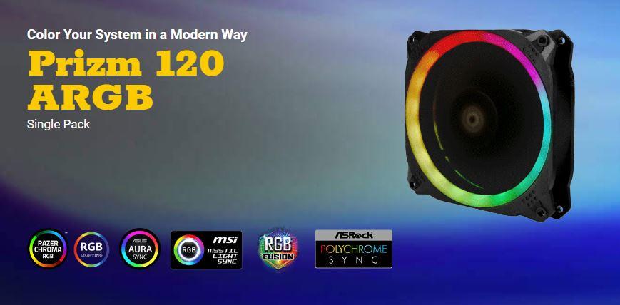 ANTEC Prizm 120mm ARGB PWM Fan V2 showcasing dual-ring RGB lighting and hydraulic bearing design.