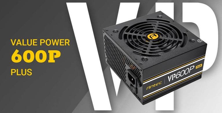 ANTEC VP600 PLUS 600W power supply unit with a 120mm fan, showcasing its sleek design and efficient cooling features.