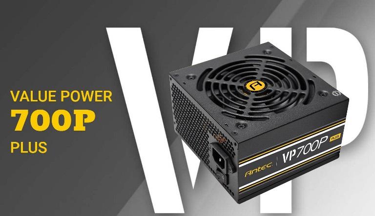 ANTEC VP700 PLUS 700W power supply unit with a 120mm fan and multiple connectors for stable performance.