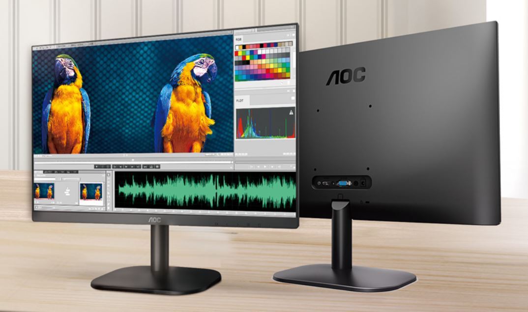 AOC 27-inch IPS Full HD monitor with a slim frameless design, showcasing vibrant colors and a narrow bezel.