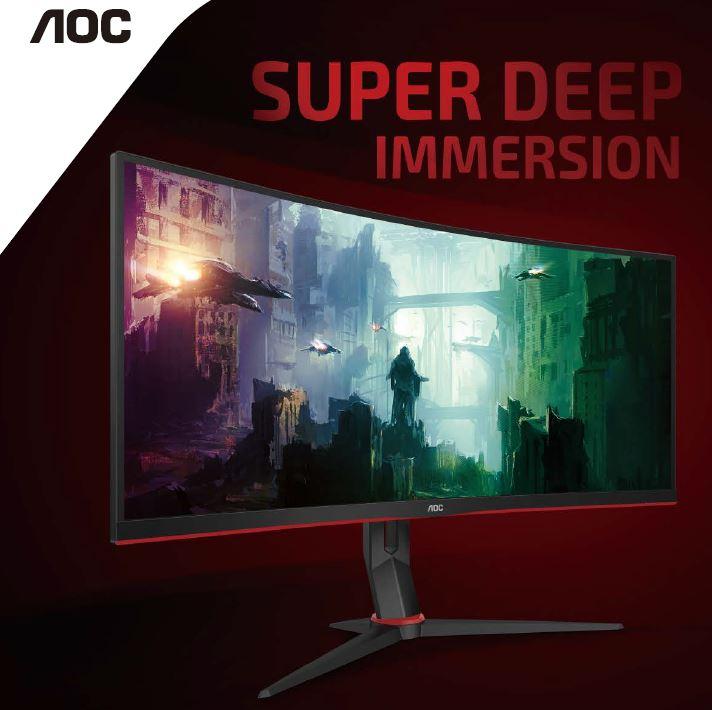 AOC 34-inch curved monitor showcasing a 3440 x 1440 resolution with a sleek black and red design, perfect for gaming and professional use.