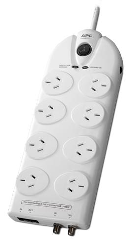 APC Essential SurgeArrest surge protector with 8 outlets, coaxial and network protection, designed for 230V Australia.
