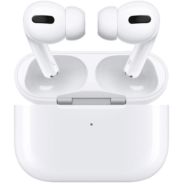 Apple AirPods Pro with wireless charging case, featuring silicone tips and sleek design.