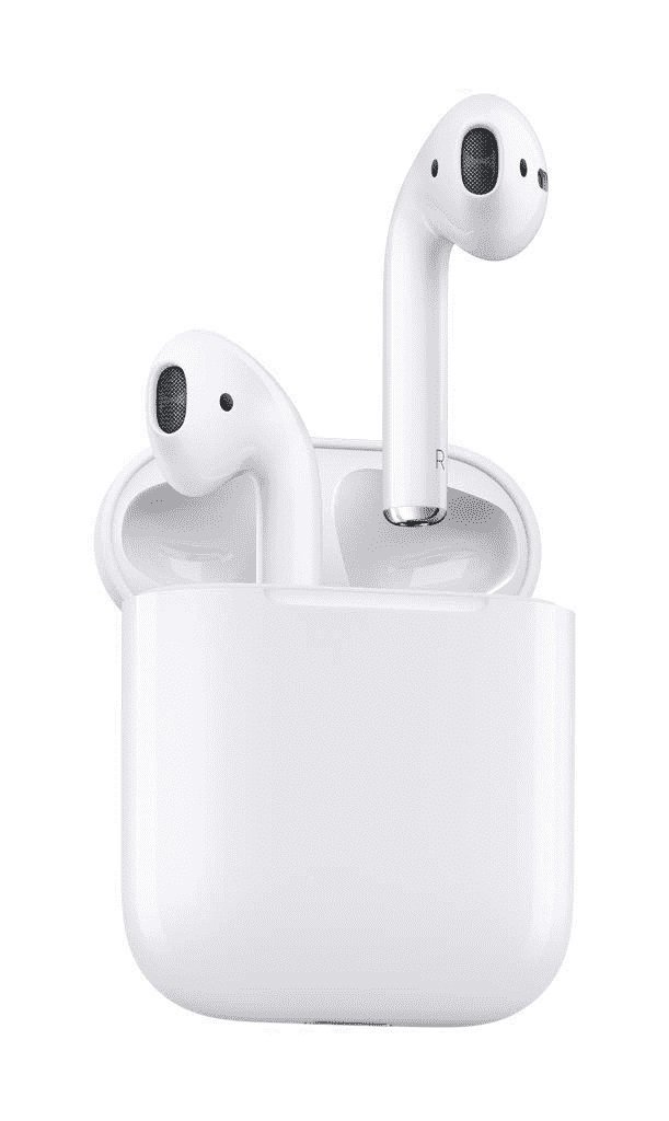 Apple AirPods with Charging Case showcasing sleek design and dual beamforming microphones for enhanced audio clarity.