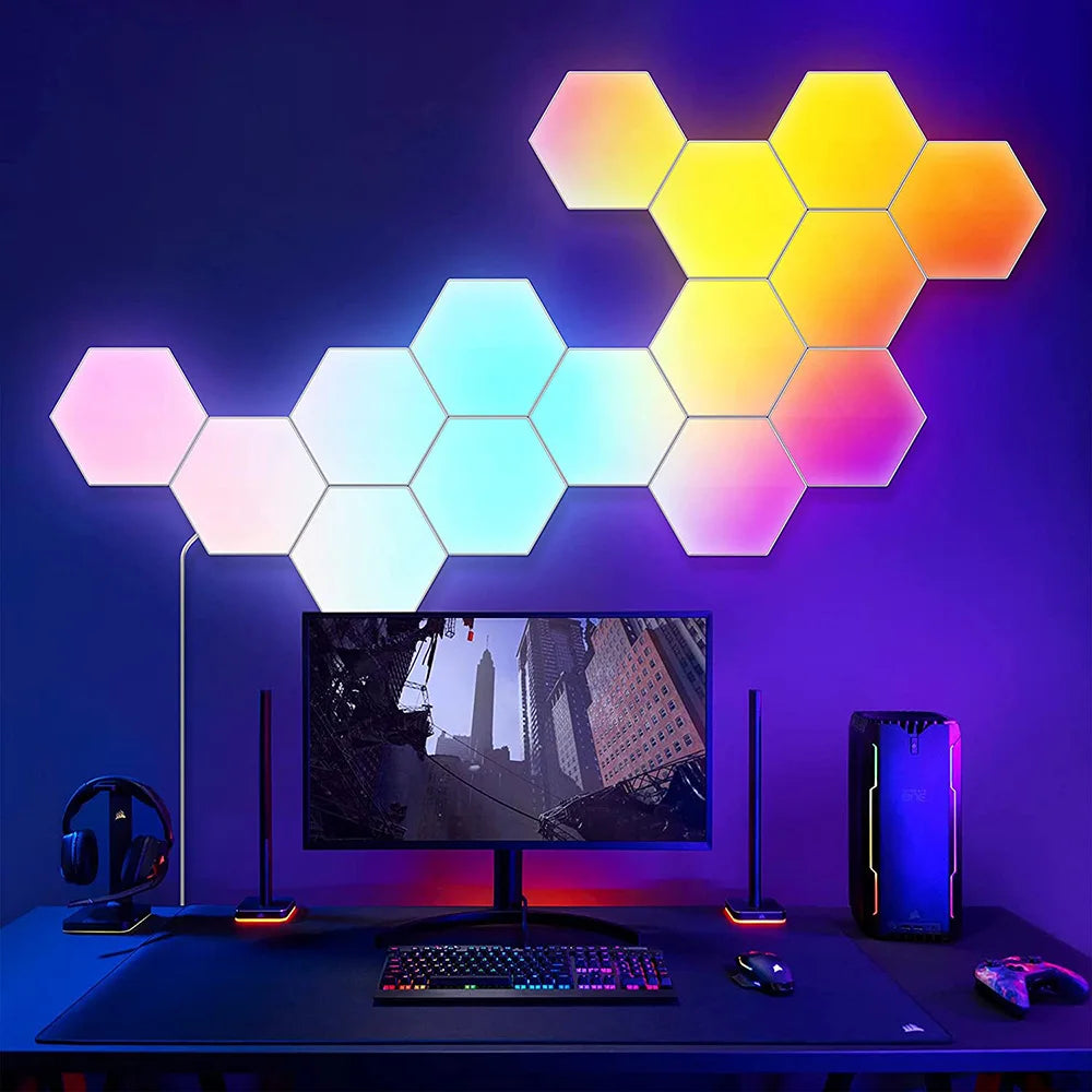Smart Hexagon Lights Panels in various shapes, showcasing vibrant RGB colors and a modern design suitable for gaming and home decor.