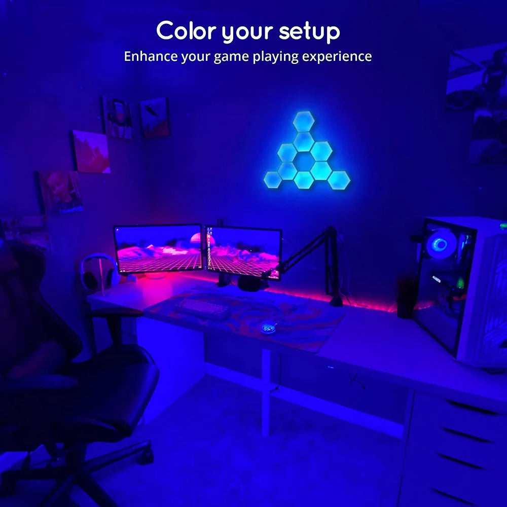 Smart Hexagon Lights Panels in various shapes, showcasing vibrant RGB colors and a modern design suitable for gaming and home decor.