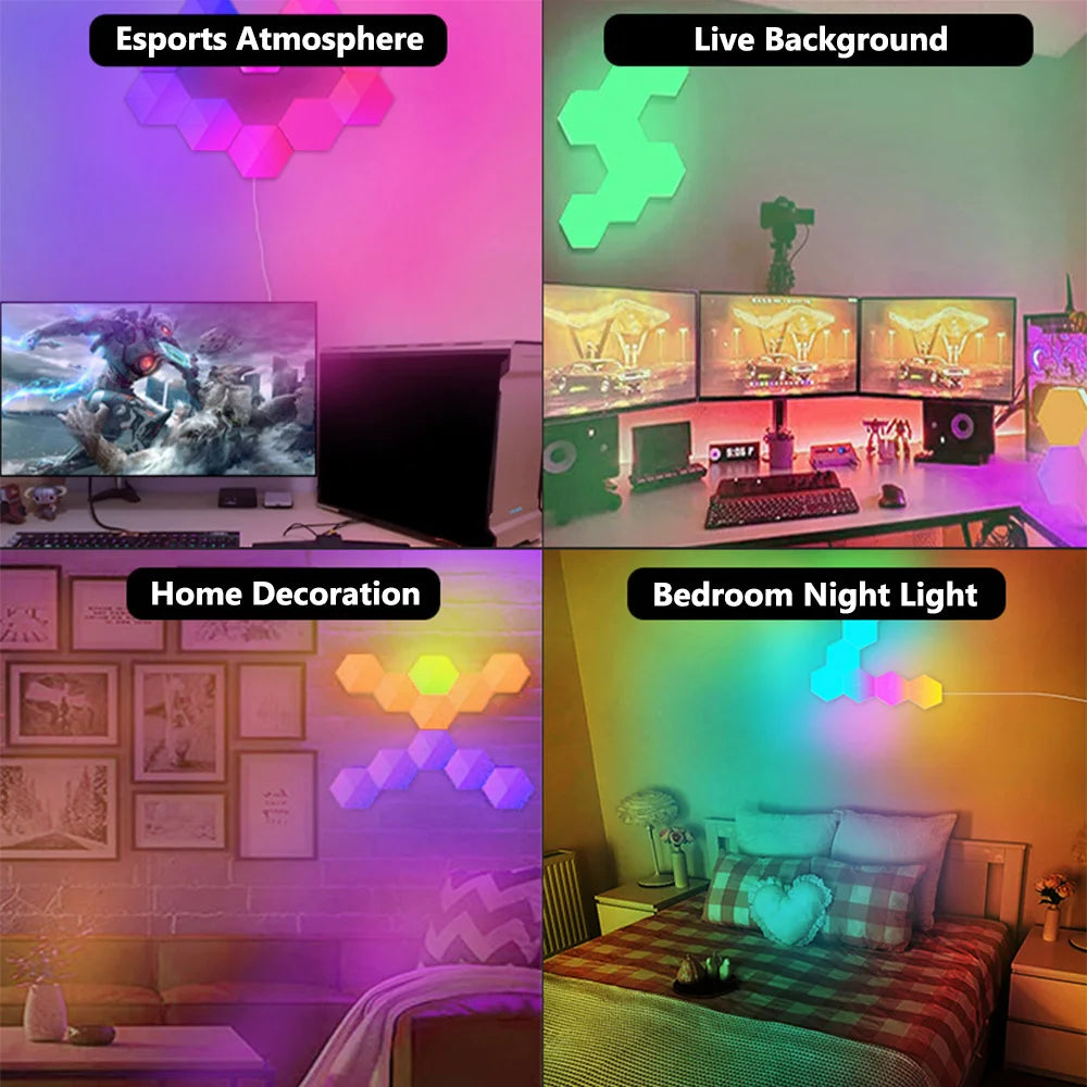 Smart Hexagon Lights Panels in various shapes, showcasing vibrant RGB colors and a modern design suitable for gaming and home decor.