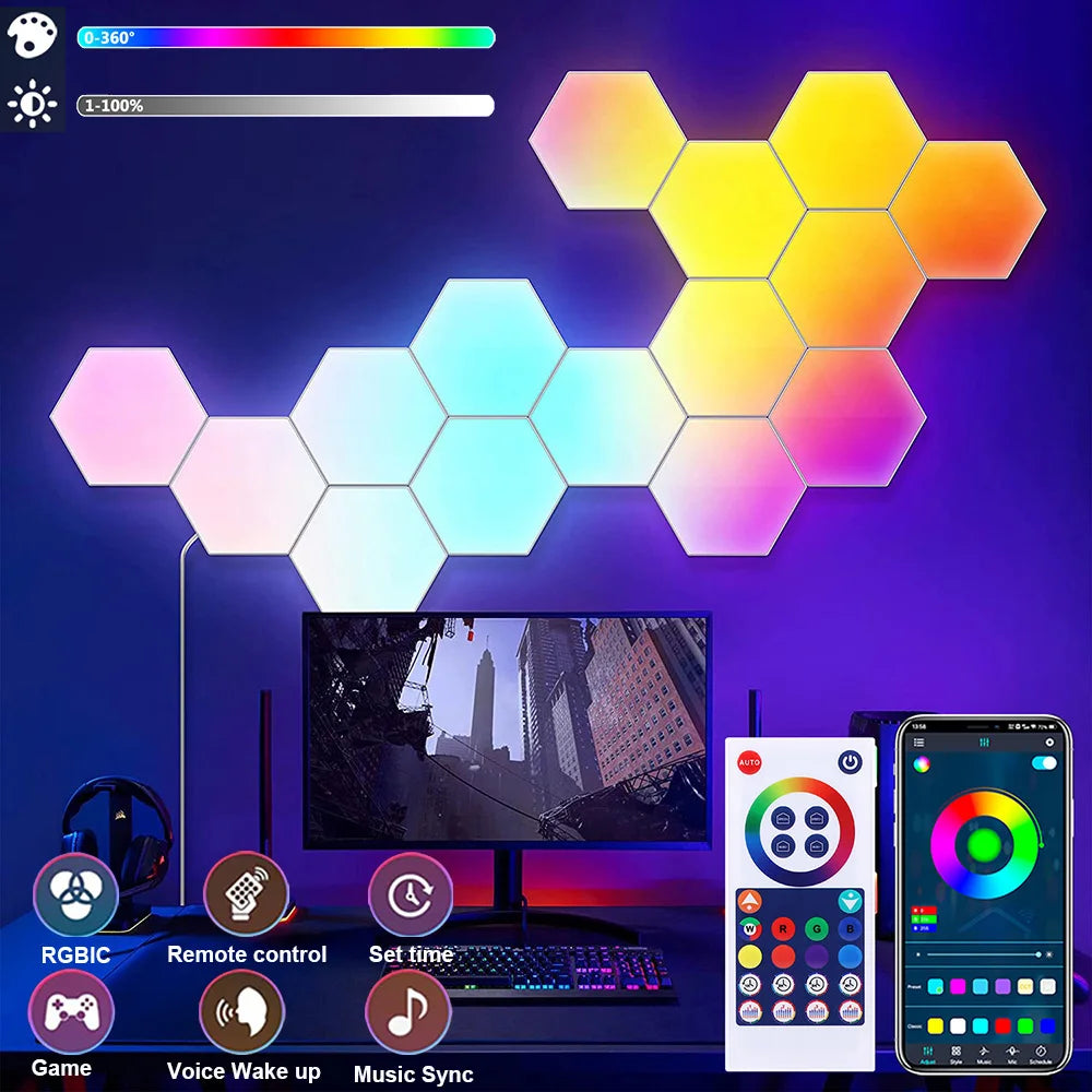 Smart Hexagon Lights Panels in various shapes, showcasing vibrant RGB colors and a modern design suitable for gaming and home decor.